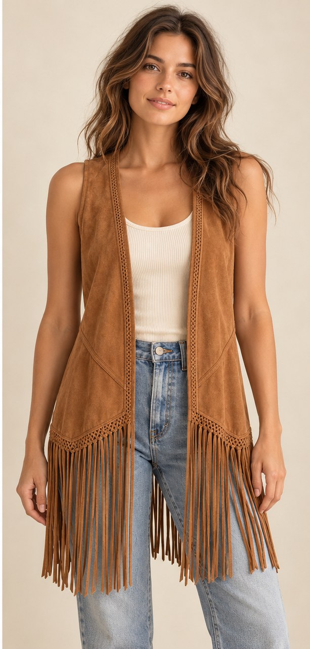 Canyon Rhythm caramel fringe vest styling