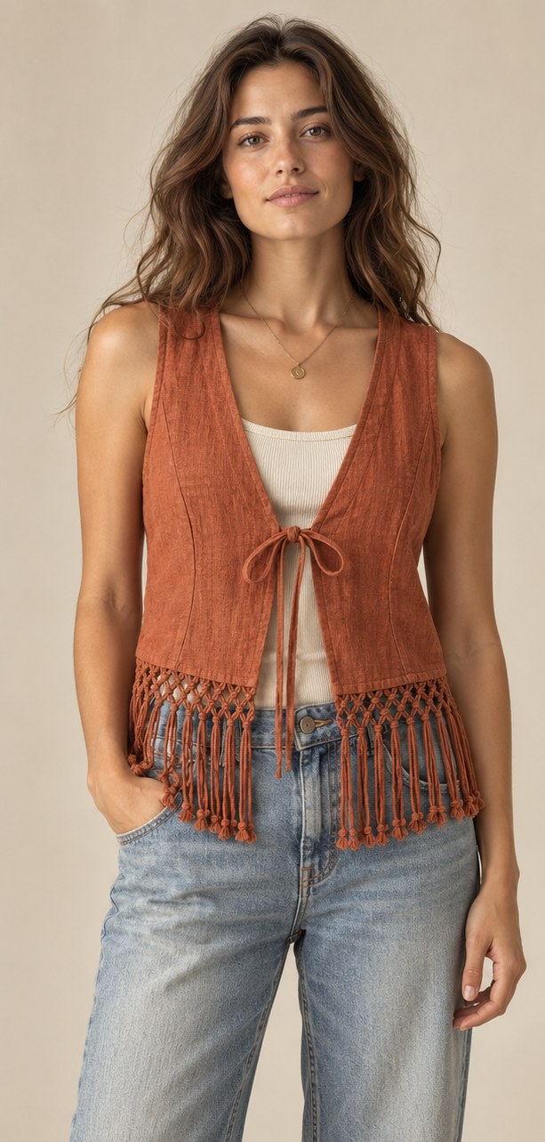 Clay Horizon Fringe Vest worn as a layer