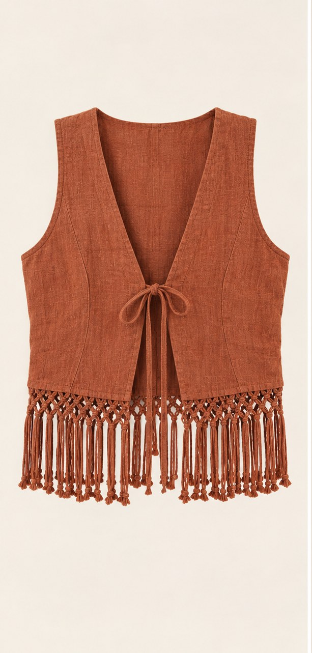 Terracotta Clay Horizon Fringe Vest, full front view