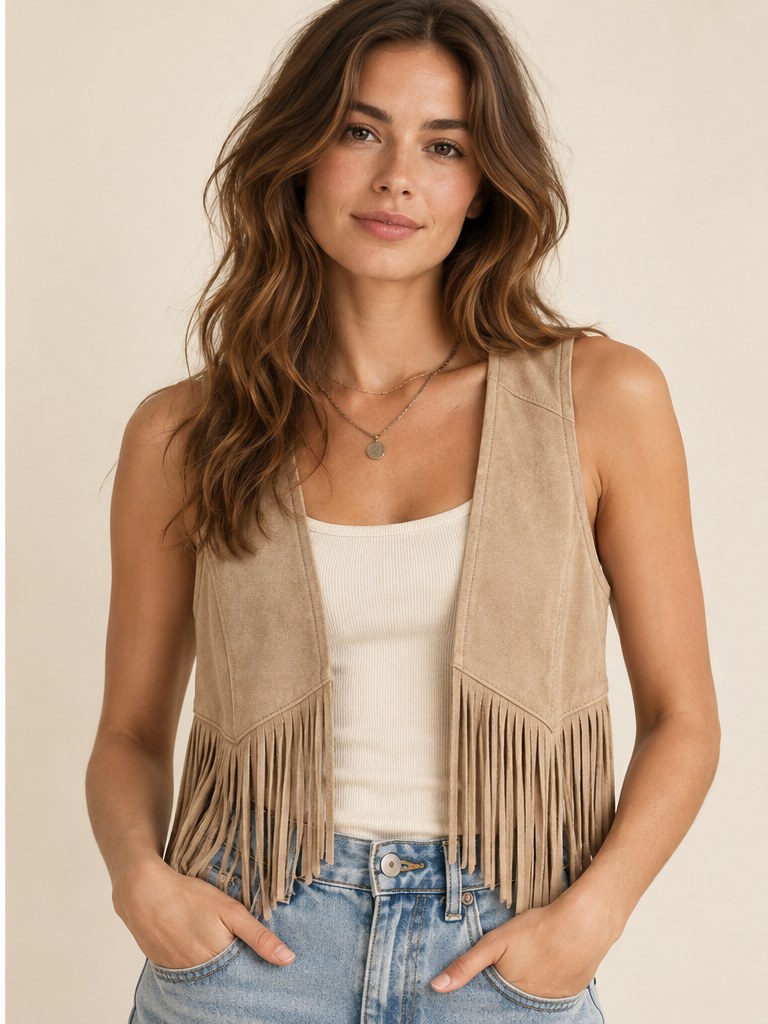 Dune Drift Fringe Vest worn as a layer