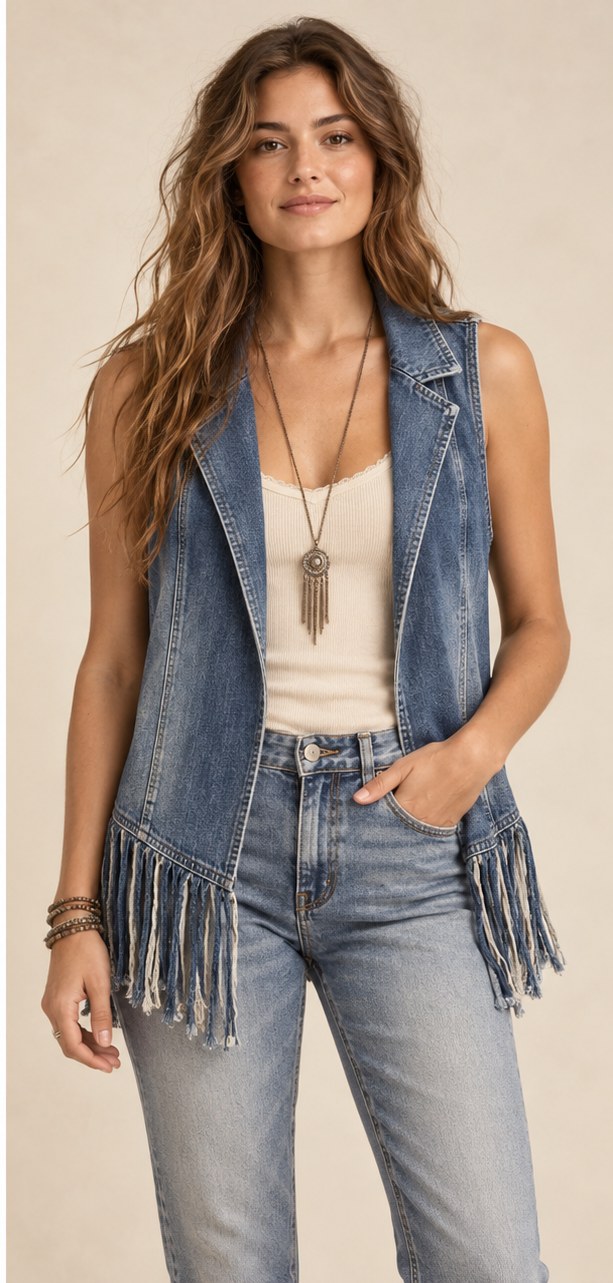 Indigo Trail Fringe Vest worn as a layer