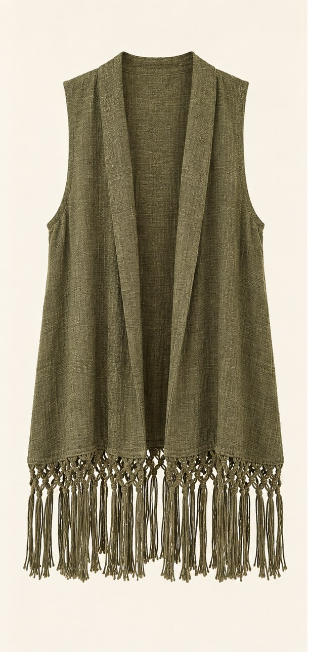 Olive Olive Nomad Fringe Vest, full front view