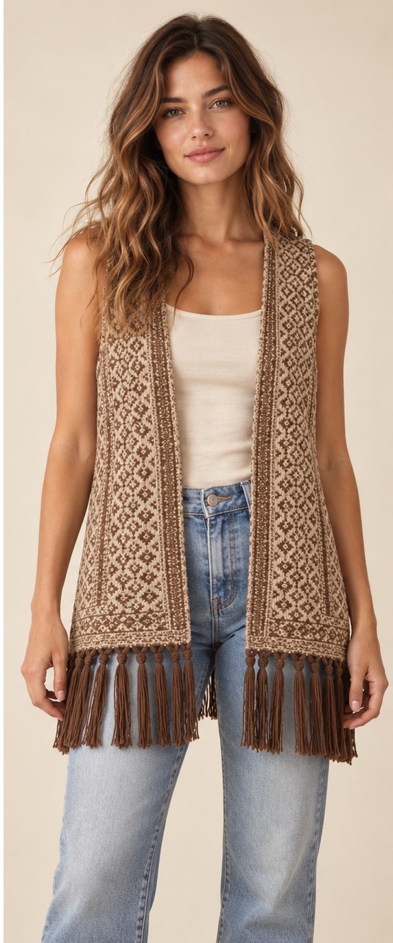 Sandstone Story Fringe Vest worn as a layer